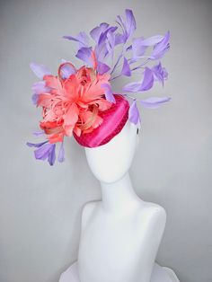 From the 2024 Featured Milliner of the Kentucky Derby Museum  Gorgeous Kentucky Derby hat fascinator  kentucky derby hat fascinator bright pink satin with lavender purple feathers and coral sinamay feather flower headband attachment.  each hat is totally one of a kind! no two are alike! * I can add feathers or flowers to any existing hat to help customize your look for a small fee. Message me for requests, I am happy to help!  *All hats are sold as displayed. No returns do to nature of product ( Easter Headpiece, Fitted Purple Hat For Kentucky Derby, Pink Feathered Fascinator For Kentucky Derby, Flower-shaped Fascinator For Kentucky Derby Church Occasions, Summer Pink Feathered Fascinator, Flapper Headpiece