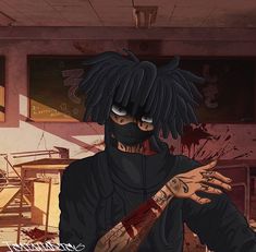 a man with dreadlocks wearing a black mask and holding a knife in his hand