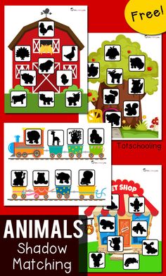 an animal shadow matching game for kids to learn how to find the farm animals and their shadows