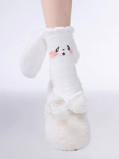 Material: Coral fleeceColor: White Bunny Cozy Warm Stockings For Winter, Cozy Warm Winter Stockings, Kawaii Socks For Winter Gifts, Kawaii Socks For Stocking Stuffers In Winter, Cute White Winter Stockings, Cute White Stockings For Winter, Cute Snug Winter Socks, Cute Snug Socks For Winter, Playful Super Soft Winter Socks