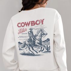 Elevate your style with our Western Cowboy Sweatshirt, a perfect blend of retro charm and modern comfort that's ideal for any cowboy fanatic or Halloween event. Crafted with soft, high-quality fabric, this sweatshirt not only celebrates your love for vintage western apparel but also invites compliments and conversations -- grab yours today and let your inner cowboy shine! 👕 Unisex T-Shirts: Material: 100% high quality cotton, lightweight and breathable, ideal for keeping you cool during the day Halloween Crew Neck Top With Back Print, Cowboy Killer, Halloween Cowboy, Sweatshirt Western, Western Halloween, Western Apparel, Vintage Cowboy, Halloween Event, Halloween T Shirt