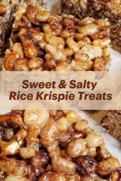 sweet and salty rice krispie treats with nuts on the top are ready to be eaten