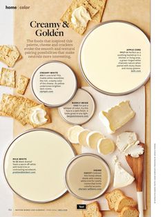 an article in the home color magazine features creamy and golden cheeses, crackers, and breadcrumbs