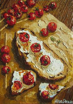 a painting of some food on a wooden table with tomatoes and other items around it