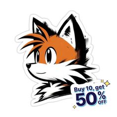 an orange and black fox sticker with the words buy 10 get 50 % off