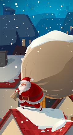 a cartoon santa claus is coming down the hill to get into his house with gifts