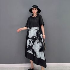 Fashion Loose Round Neck Print Short Sleeve Irregular Hem Dress Casual Irregular Maxi Dress For Summer, Summer Casual Irregular Maxi Dress, Spring Irregular Lagenlook Dresses, Spring Lagenlook Dress With Irregular Shape, Casual Irregular Maxi Dress For Spring, Casual Asymmetrical Dress For Spring, Casual Spring Asymmetrical Dress, High-low Hem Lagenlook Maxi Dress For Spring, Spring Lagenlook Midi Dress With Asymmetrical Hem