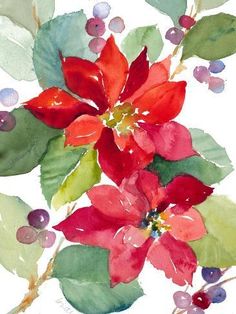 a watercolor painting of poinsettia and berries