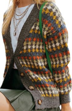 Trendy Multicolor Sweater With Button Closure, Affordable Multicolor Cardigan With Button Closure, Multicolor Button Sweater For Fall, Multicolor Button-up Cardigan For Fall, Multicolor Button-up Cardigan For Winter, Multicolor Button-up Winter Sweater, Multicolor Button-up Sweater, Multicolor Button-up Sweater With Buttons, Retro Multicolor Cardigan With Buttons