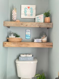 a bathroom with two shelves above the toilet and plants on the shelf over the toilet