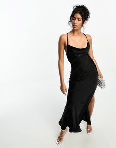 ASOS DESIGN satin stripe high cowl maxi dress in black | ASOS Black Maxi Slip Dress For Prom, Black Maxi Dress With Spaghetti Straps And Bias Cut, Black Maxi Dress With Bias Cut And Spaghetti Straps, Black Bias Cut Maxi Dress With Spaghetti Straps, Black Slip Dress For Spring Prom, Sleek Summer Maxi Dress For Prom, Sleek Summer Prom Maxi Dress, Trending Now, Color Trends