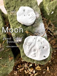 two white clay faces sitting on top of green moss covered rocks with the words moon written above them