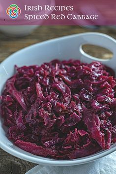 Bowl of cooked red cabbage with text banner Spiced Red Cabbage, Sauteed Red Cabbage, German Red Cabbage, Crockpot Green Beans, Homemade Ketchup Recipes, Red Cabbage Recipes, Bacon Fried Cabbage, Braised Red Cabbage, Old Cookbooks