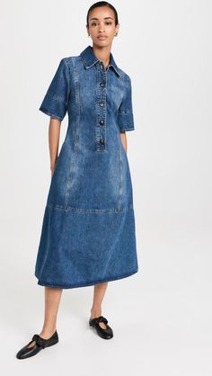 CO Half Placket Dress | Shopbop Fitted Denim Dress With Buttoned Pockets For Fall, Fitted Denim Dress With Buttoned Pockets For Work, Fitted Denim Dress With Button Closure For Work, Fitted Collared Denim Dress For Work, Fitted Denim Dress With Pockets For Work, Classic Denim Dress For Work With Button Closure, Classic Fitted Denim Dress With Buttons, Cotton Denim Dress With Snap Buttons For Work, Button-up Denim Dress For Workwear