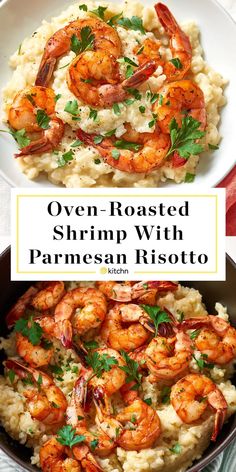 shrimp with parmesan risotto in a skillet