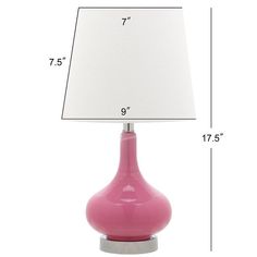 Reflect an aura of sophistication with the glimmering pink Amy Mini Table Lamp with matching finial, metal base and neck. Complemented with an elegantly tapered pure cotton shade that illuminates the room.Specifications Product Category: Kids Table Lamp Product Dimension: 9" W x 9" D x 17.5" H Product Lamp Color: Pink Product Material: Glass Product Metal Finish: Chrome Base Chrome Neck Product Bulb Qty: 1 Light Bulb Base Type: E26 Type of Blub Included: CFL 9W Product SKU: KID4087P Product UPC: Kids Table Lamp, Classic Table Lamp, Light Highlights, Mini Table Lamps, Lamp Color, Mini Table, Table Lamp Sets, Kids Lighting, Light Bulb Types