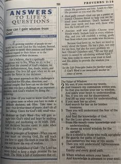 an open bible with the words answers to life's questions