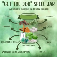 "GET THE JOB" SPELL JAR #spelljars #topicoftheday #todaysposts #spells #witchymagick #themagickofspelljars #intentioniskey #herbs #crystals #witchysalts #candlewax #charms #ribbon #newjob #newjobspelljar Job Promotion Spell Jar, Get That Job Spell, New House Spell Jar, Luck And Protection Spell Jar, Career Success Spell Jar, Success Jar Spell, Spells For Getting A Job