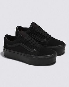 Stackform Vans, Platforms Aesthetic, Old Skool Stackform, Authentic Vans, Black Platform Shoes, Vans Logo, Black Shoe, Black Vans, After All These Years