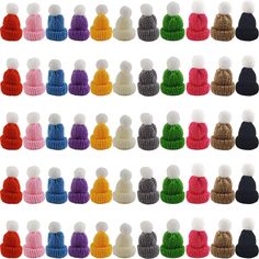 many colors of knitted hats are arranged in rows