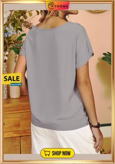 Cotton Floral Short Sleeve V Neck Shirts Blouses Casual V-neck Plain Blouse, Casual Plain Blouse For Spring, Plain Non-stretch Summer Tops, Gray Relaxed Fit Tops For Summer, Summer V-neck Gray Blouse, Casual Non-stretch Short Sleeve Shirt, Casual Gray Cotton Blouse, Casual Gray Short Sleeve Top, Solid Color Short Sleeve Blouse With Relaxed Fit