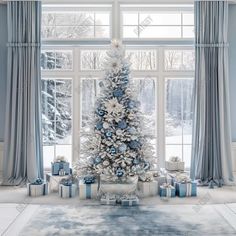 a decorated christmas tree in front of a large window with blue and white presents under it