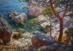 a painting of rocks and trees by the water