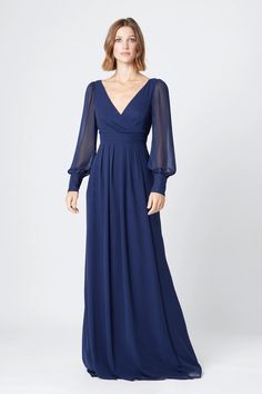 Blue Long Sleeve Puff Sleeve Dress For Evening, Blue Evening Dress With Sheer Sleeves, Blue Chiffon Dress With Sheer Sleeves, Festive Long Sleeve Blue Gown, Evening Blue Long Sleeve Chiffon Dress, Midnight Blue Bridesmaid, Gown With Puff Sleeves, Midnight Blue Bridesmaid Dresses, Stunning Wedding Guest Dresses