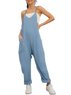 PRICES MAY VARY. Material:Spaghetti strap summer jumpsuit made of 94% cotton and 6% spandex. The fabric is soft and comfortable,stretchy,lightweight and breathable. Design:Loose fit overalls for women, fashionable pants,baggy style, v-neck design, spaghetti strap jumpsuits,sleeveless rompers ,casual summer outfits, with two sides pockets,solid color,standard size,suit for summer vacation, makes you look very chic. Occasion: Baggy overalls jumpers with pockets is suitable for casual, daily life,t Jumpsuits For Women Casual, Casual Summer Rompers, Summer Onesies, Baggy Overalls, Loose Fit Jumpsuit, Clothes Beach, Trendy Overalls, Womens Jumpsuits Casual, Jumpsuit Casual