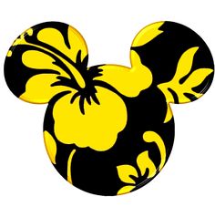 a mickey mouse head with yellow and black flowers on it's ears, facing the viewer