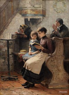 a painting of two women and a child sitting on a bench in front of a fireplace