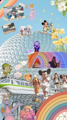 a collage of various disney characters on a blue background with rainbows and flowers