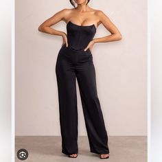 Never Worn, Ordered And Missed Return Window Black Satin Corset Outfit, Corset And Wide Leg Pants Outfit, Corset Top Wide Leg Pants, Black Corset Outfit Classy, Corset Jumpsuit Outfit, Corset Shoot, Corset Top Outfit Classy, Black Corset Top Outfit, Birthday Jumpsuit