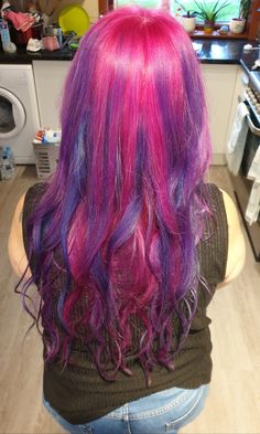 Pink Purple And Green Hair, Fully Dyed Hair, Pink Hair Grunge, Purple And Pink Hair, Pink And Blue Hair, Pink And Purple Hair, Hair Color Swatches, Blue And Pink Hair, Multicolor Hair