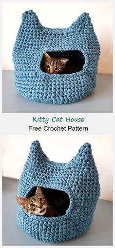 two pictures of a cat in a crocheted kitty house