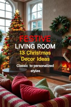 a living room decorated for christmas with the words festive living room 13 christmas decor ideas classic to personalized styles