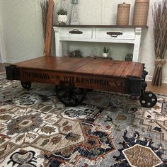 a coffee table made out of an old wagon