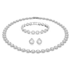 Treat yourself or someone special to a new jewelry box staple with this beautiful necklace and bracelet set, which is now available in the classic, always easy-to-wear combination of crystal and rhodium plating. The timeless design would make an ideal gift, or a stunning bridal accessory. Swarovski Bracelet, Swarovski Necklace, White Necklace, Swarovski Earrings, Swarovski Jewelry, Girly Jewelry, Dream Jewelry, Cute Jewelry, Crystal Jewelry