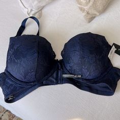 Torrid Push Up Plunge Bra Navy Lace 40c New With Tags Blue Fitted Push-up Bra, Lace Push-up Bra With Medium Bust Support, Black Push-up Bra With Lace Closure, Blue Lace Push-up Bra, Victoria's Secret Blue Push-up Bra, Plunge Bra, Navy Lace, Push Up, Women's Intimates