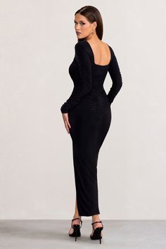 Perfect for prom, gala dinners and black-tie events, our Leni long sleeved midi dress is a must-have for that special occasion. Crafted in a premium, ultra-stretch and double lined jersey, this classic black gown will flatter and contour your silhouette to perfection. The square neckline is complimented with ruched detailing and a stunning twist skirt. For effortless glamour, our Leni midi is the one.Features- Square neckline- Bodycon fit- Twist skirt detailing with thigh high split- Premium double lined jersey- Invisible zip fastening- Ruched detailing Sizing & FitModel is 5’8 and wears UK size 8 / US size 4Product InformationDesigned exclusively by Club L LondonFully lined and ultra-stretchPremium jersey fabric (95% Polyester 5% Elastane)SKU: CL129253002 Twist Skirt, Twisted Skirt, Velvet Prom Dress, Square Neck Long Sleeve, Black Tie Gala, Black Tie Event, Black Gown, Dress With Tie, Sleeve Midi Dress