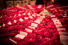 the table is covered with red petals and place cards