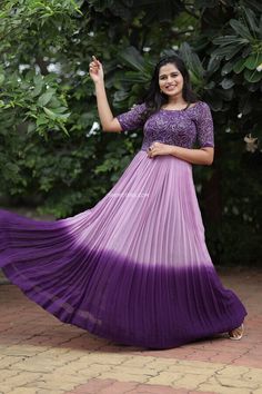 Ombre Gowns Indian, Purple Dress Outfit Party Classy, Long Frocks For Women, Lehenga Ideas, Neck Patterns, Georgette Gown