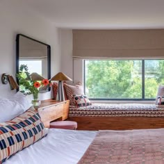 a bedroom with two beds and a large window