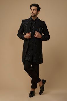 Shop for these amazing collections of Black Bamomariu Embroidered Dori Bead Silk Jacket Kurta Set For Men by Nero by Shaifali and Satya online at Aza Fashions. Black Jacket Style, Indian Wedding Suits Men, Kurta Set Men, Wedding Kurta For Men, Dori Work, Gala Outfit, Kurta Set For Men, Kurta Men, Wedding Outfit Men