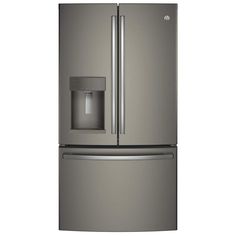 a stainless steel refrigerator freezer with water dispenser on the front and bottom