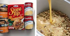 two pictures side by side, one with cereal and the other with soup in it