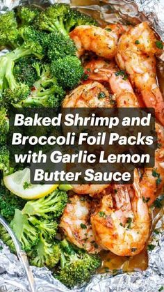 baked shrimp and broccoli foil packs with garlic lemon butter sauce on the side