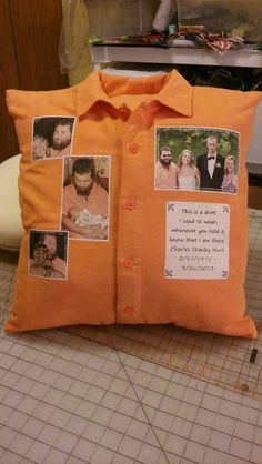 an orange pillow with pictures on it