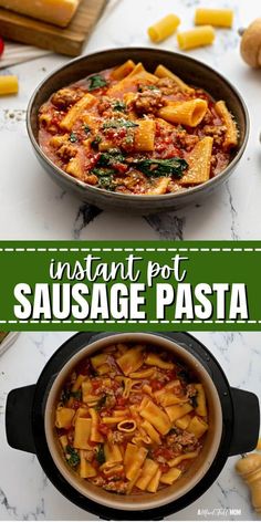 an image of instant pot sausage pasta with spinach and cheese on the side in a skillet