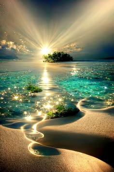 the sun shines brightly over an island in the ocean with water and sand on it